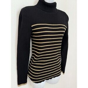 Lauren Ralph Lauren  Sweater Black Gold Striped Turtle Neck Womens Size L EUC